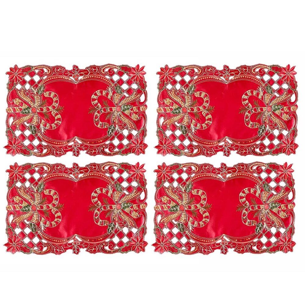 Gold Sequin Holly Bows Red Placemats Set of 4